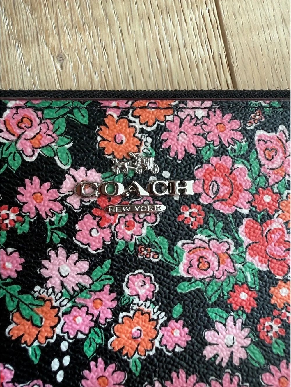 Coach Floral Print Zip Around Wallet Pink Black Leather